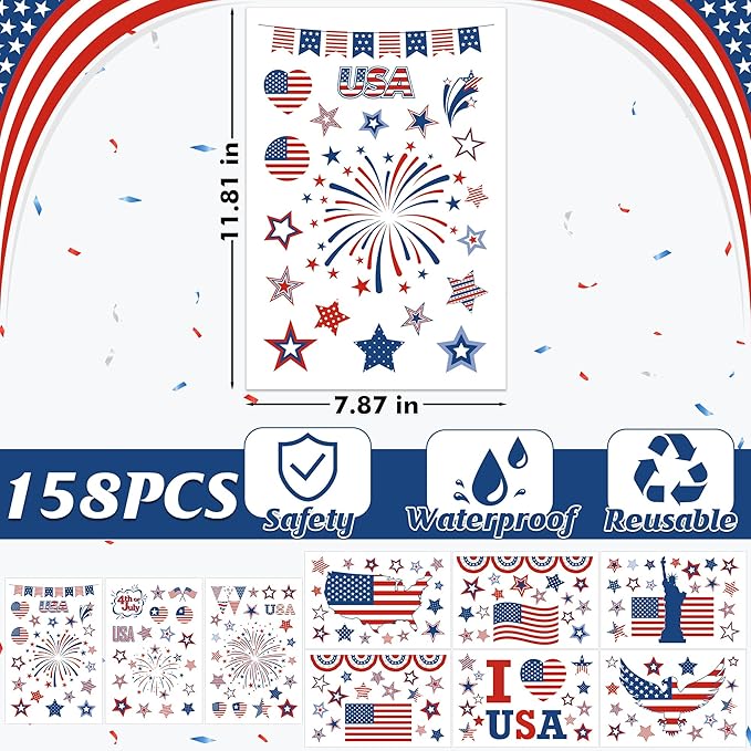 158 Pcs 4th of July Window Clings, 9 Sheets Patriotic Window Clings Decals, Watercolor Double-Sided American Flag Stars Firework Window Stickers for Independence Day Parade Veterans Memorial Day Decor-HomvellaHome