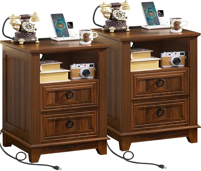 18" Farmhouse Night Stands Set of 2 with Charging Station, 2 Drawers End Table Dresser for Bedroom, Brown Wooden Nightstand, Bed Side Table with Open Shelf, Bedside Cabinet for Living Room-HomvellaHome