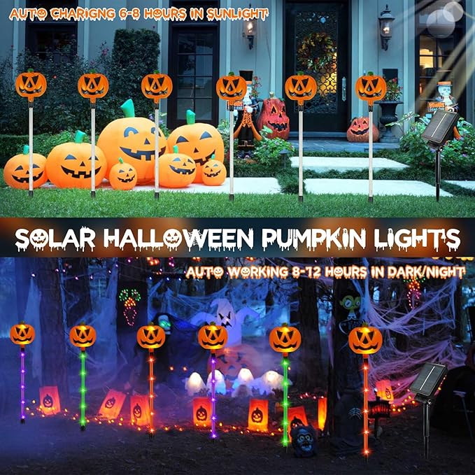 12 Pack Solar Pumpkin Lights for Halloween Decorations Outdoor, Waterproof Halloween Pathway Lights with 8 Modes, Orange Purple and Green Halloween Walkway Stake Lights for Yard Garden Party Decor-HomvellaHome