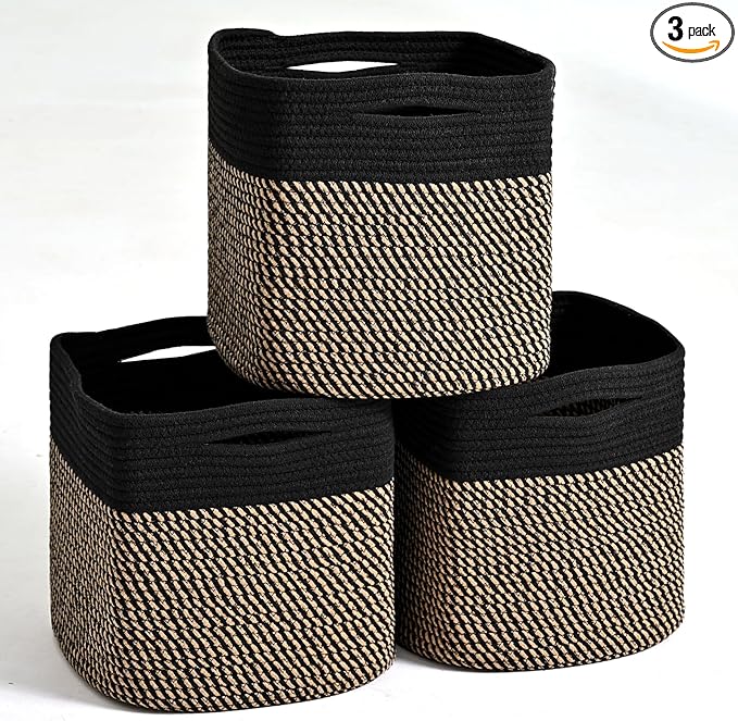 11 Inch Cube Storage Bins, Storage Cube Organizer Bins, Woven Cotton Rope Baskets for Storage, Storage Basket for Organizing Shelves, Square Baskets for Toys Nursery, Black & Jute (Pack of 3)-HomvellaHome