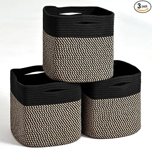 11 Inch Cube Storage Bins, Storage Cube Organizer Bins, Woven Cotton Rope Baskets for Storage, Storage Basket for Organizing Shelves, Square Baskets for Toys Nursery, Black & Jute (Pack of 3)-HomvellaHome