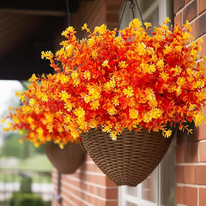 12 Bundles Artificial Fall Flowers No Fade Faux Autumn Plants, Fake Indoor Outdoor Greenery Decorations for Thanksgiving Christmas Wedding Party Home Garden Fireplace Décor (Fall Orange)-HomvellaHome