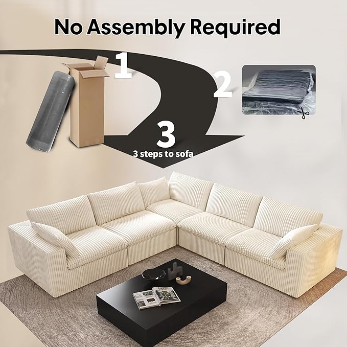 118" V Shaped Corner Modern Sofa Modular Sectional Cloud Couch,Deep Seat Upholstered Couches with Plush Corduroy Fabric for Living Room Furniture,Bedroom and Apartment,No Assembly Required,White-HomvellaHome