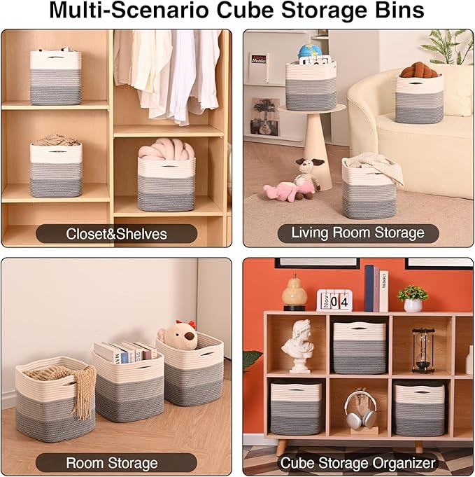 11 Inch Cube Storage Bins, Storage Cube Organizer Bins, Woven Cotton Rope Basket for Storage, Storage Baskets for Organizing Shelves, Grey Baskets for Toys, Gradient Grey (Pack of 3)-HomvellaHome
