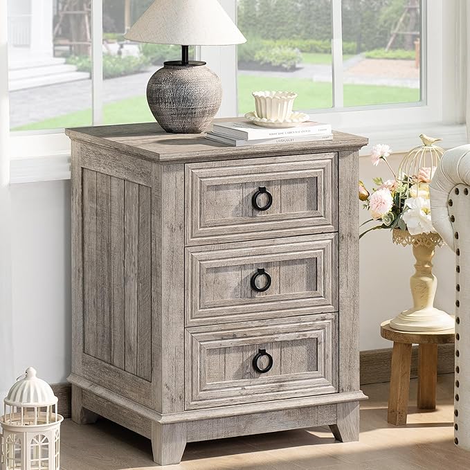 18" Farmhouse Night Stand with 3 Drawers, Wood End Table Dresser for Bedroom, Retro Oak Nightstand, Bed Side Table with Metal Handle, Bedside Cabinet for Bedroom Living Room, Closet-HomvellaHome