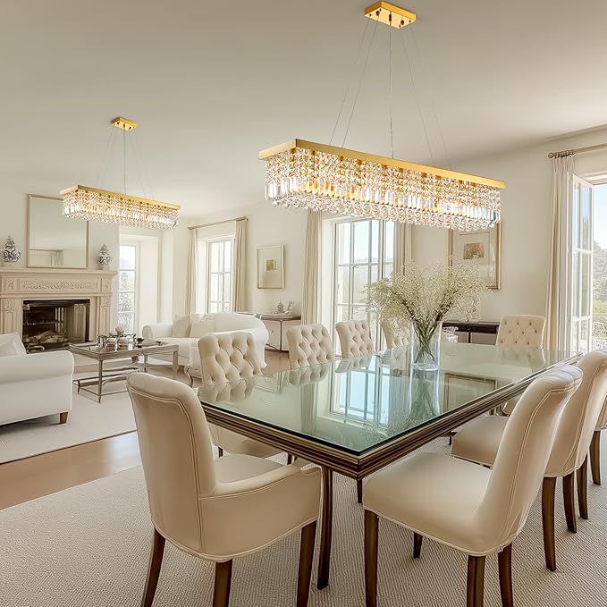 10 Lights Modern Crystal Chandelier, Gold K9 Rectangle Rectangular Chandeliers,Luxury Flush Mount Pendant Ceiling Light for Dining Room Kitchen Island L47''xW10''xH10''-HomvellaHome