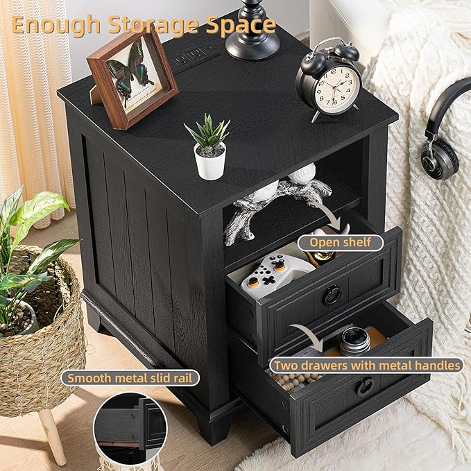 18" Farmhouse Night Stand with Charging Station, 2 Drawers End Table Dresser for Bedroom, Black Wooden Nightstand, Bed Side Table with Open Shelf, Bedside Cabinet for Living Room, Closet-HomvellaHome