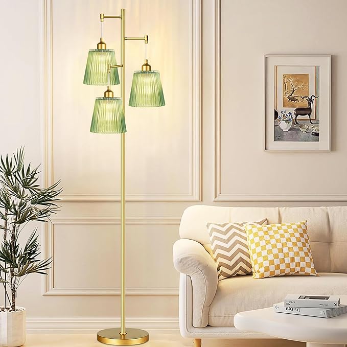 Gold Floor Lamp for Living Room,Bedroom,Mid Century Modern Standing Lamp Brass Tree 3 Light Tall Floor Lamps Vintage Retro Floor Lights Glass Green Flower Lamp Shade Farmhouse Boho Bohemian-HomvellaHome