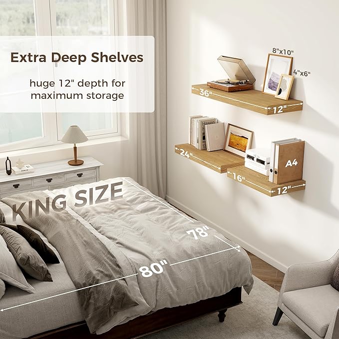 12 Inch Deep Floating Shelves, 24 x 12 Floating Shelf for Books, Rustic Wood Deep Wall Shelves for Home Storage & Display, 2" Thicked Shelves for Kitchen, Living Room, Bedroom, Oak Color, 2 Pack-HomvellaHome