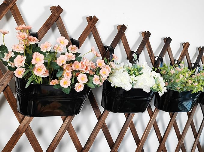 2 Pack Metal Hanging Planter for Outdoor Plants, 10 Inch Black Fence Planters Railing Pots for Garden Patio Balcony Decor, Flower Bucket with Detachable Hooks (Black, 2Pcs)-HomvellaHome