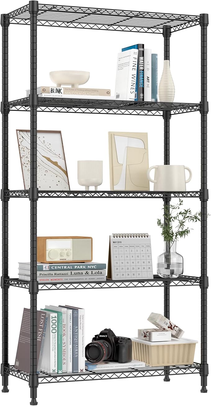 1250 lbs 5 Tier Shelf Metal Storage Shelves Shelving Wire Rack Heavy Duty Closet Organizers for Garage Kitchen Bathroom Laundry Black 13.8" D x 29.5" W x 59.5" H-HomvellaHome