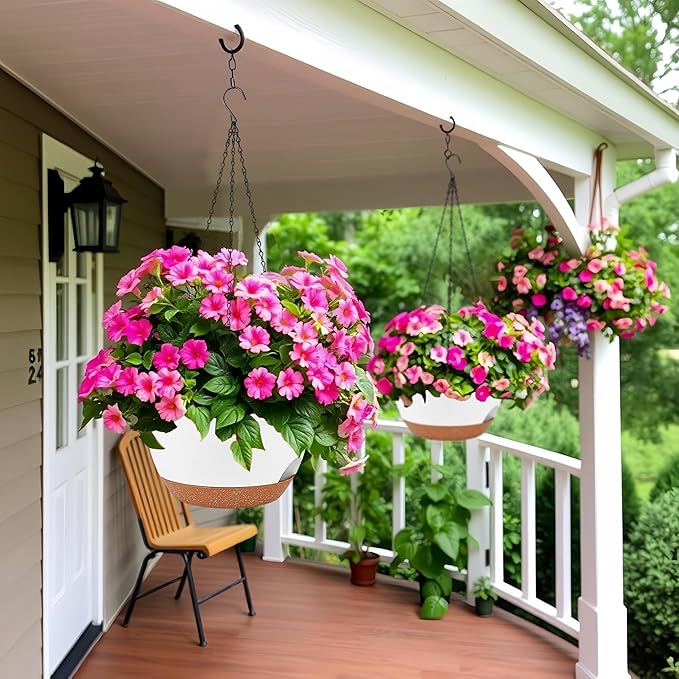 2 Pack 12 Inch Large Hanging Planters with Chains Self Watering White Brown Plastic Hanging Pots for Indoor Outdoor Plants, Garden Porch Home Decor，White Brown-HomvellaHome