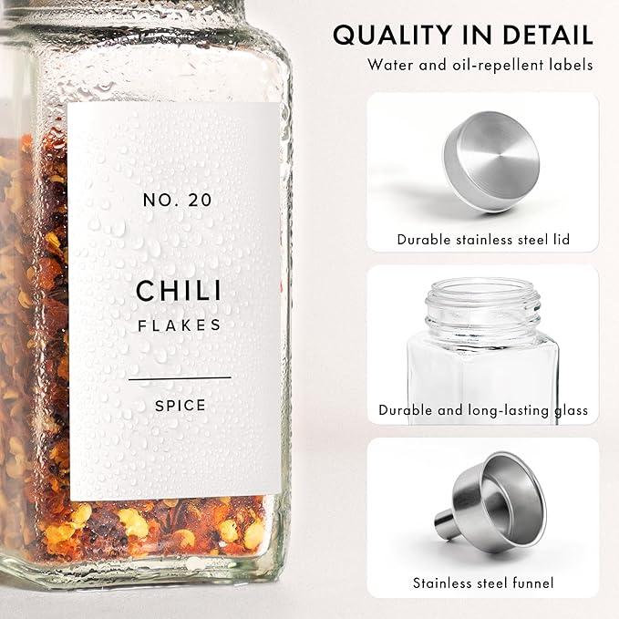 Glass Spice Jars with Label and Stainless Steel Lids (24 x 4oz) Spice Containers with 240 Labels, Shaker Inserts, Steel Funnel, Empty Square Empty Square Seasoning Organizer (White)-HomvellaHome