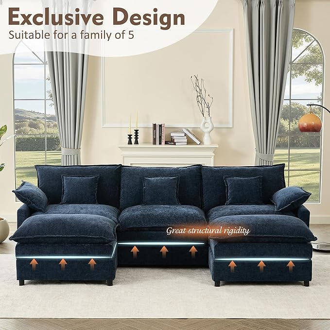 108" U Shaped Couch, Modular Sectional Sofa, 3-Seater Comfy Cloud Couch with Movable Ottoman, Deep Seat Couches for Living Room, Chenille, Navy-HomvellaHome