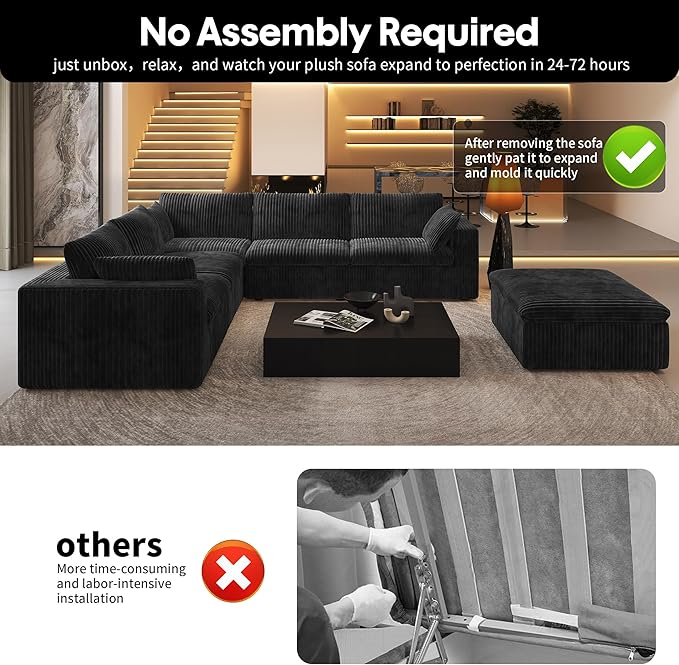 118" 6-Seater Cloud Sofa,Modular Sectional Couch with Ottoman,Modern Deep Seat Upholstered Couches with Corduroy Fabric for Living Room Furniture,Bedroom and Apartment,No Assembly Required,Black-HomvellaHome