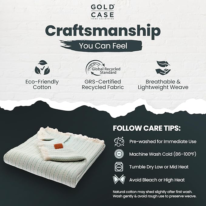 Gold Case Throw Blanket for Couch – 100% Recycled Turkish Cotton Blankets & Throws – Elegant Decorative Throw Blankets for Living Room Sofa – Woven Throws for Couch – Vintage Aqua– 50x60-HomvellaHome
