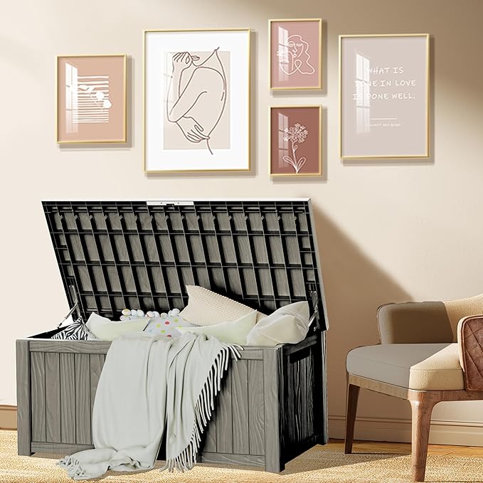 150 Gallon Resin Deck Box, Waterproof Outdoor Storage Bin for Patio Furniture, Pool Accessories, and Garden Tools, Lockable & UV-Resistant, Grey-HomvellaHome