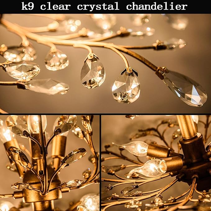 Ganeed Crystal Chandeliers,K9 Crystal Pendant Light with 3-Light Chandelier Lighting Fixtures,Ceiling Light for Living Room Bedroom Restaurant Hallway (Gold)-HomvellaHome