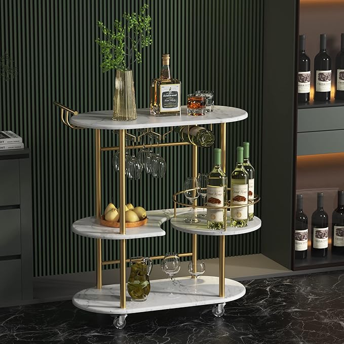 Gold Bar Carts with 4-Tier Storage Shelves, Mobile Bar Serving Cart with Wine Rack and Glass Holder, for The Home, Kitchen, Living Room, Dining Room-HomvellaHome