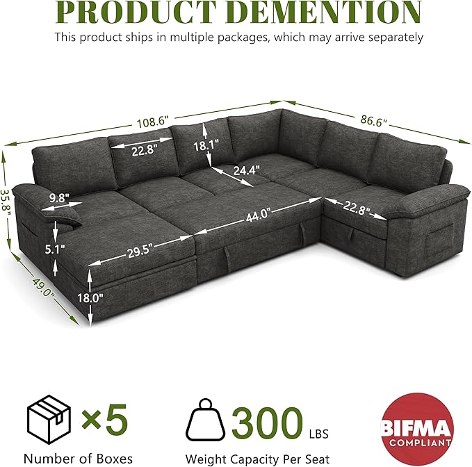 108 Inch Sectional Sleeper Sofa with Pull Out Bed,U Shaped 7 Seat Modular Sectional Sofa with Storage,Sectional Couches for Living Room,Cloud Modular Couch,Removable Sofa Cover,Dark Grey-HomvellaHome