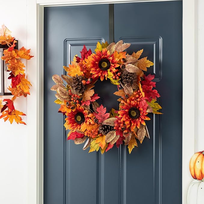 Glitzhome 24''D Fall Wreath with Hanger, Artificial Autumn Wreath for Front Door with Sunflower, Pinecone and Berry, Harvest Wreaths Decor for Indoor Outdoor Holiday Decoration-HomvellaHome