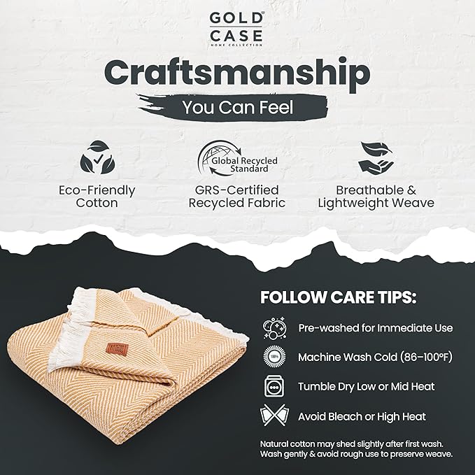 Gold Case Throw Blanket for Couch – 100% Recycled Turkish Cotton Blankets & Throws – Elegant Decorative Throw Blankets for Living Room Sofa – Woven Throws for Couch – Elegant Mustard – 60x80-HomvellaHome