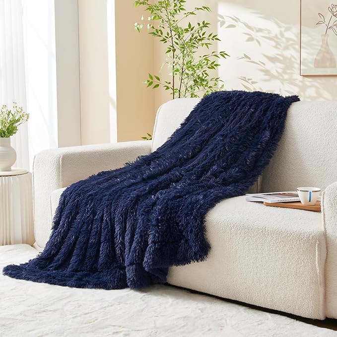 GONAAP Fuzzy Faux Fur Throw Blanket Twin Size Dark Navy Super Soft Cozy Plush Fuzzy Shaggy Blanket for Couch Sofa Bed (Dark Navy, Twin(60"x80"))-HomvellaHome