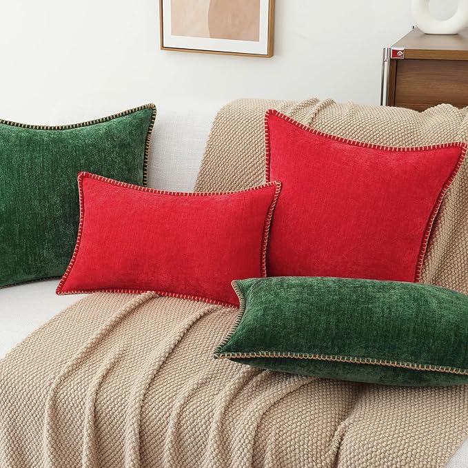 decorUhome Chenille Soft Throw Pillow Covers 18x18 Set of 2, Farmhouse Velvet Neutral Decorative Euro Pillow Covers with Stitched Edge for Couch Sofa Bed Home Decor, Red-HomvellaHome