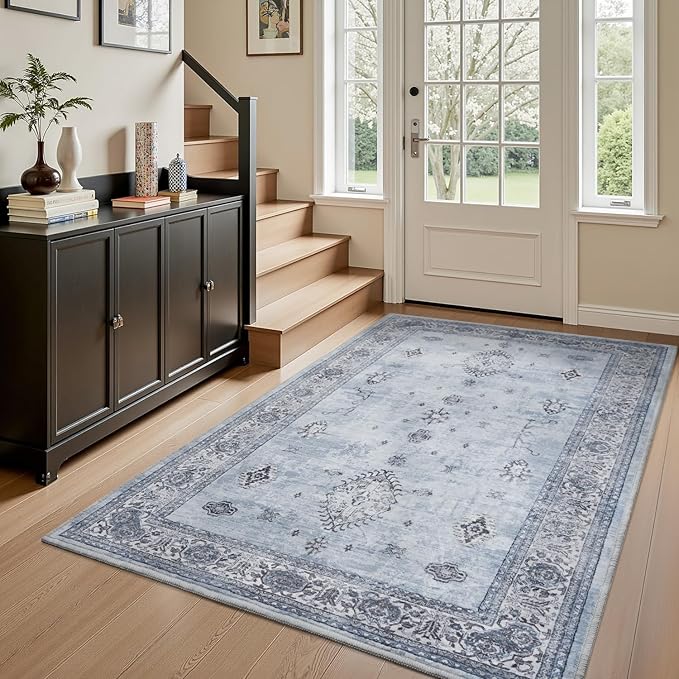 AMOAMI-Vintage Area Rug 3x5 Blue Rugs for Living Room-Soft Washable Rug Non Slip Entryway Rug Indoor Vintage Throw Accent for Bedroom Laundry Room Dining Bathroom Bedside-HomvellaHome