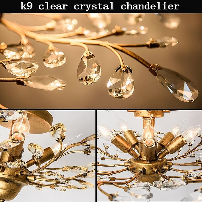 Ganeed Crystal Chandeliers,Vintage K9 Clear LED Ceiling Lighting,Edison Pendant Light Flush Mounted Fixture with 5 Light for Living Room Dinning Room Restaurant Porch Hallway (Gold)-HomvellaHome
