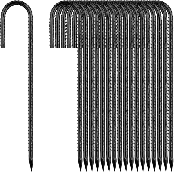 Ground-Stakes-Heavy-Duty-12 inch, J-Hook Rebar Stakes Black Coated Anti-Rust 50pcs Garden Stakes Metal Ground Anchors for Garden Dog Fence Chicken Coop Christmas Decorations Deer Fence-HomvellaHome