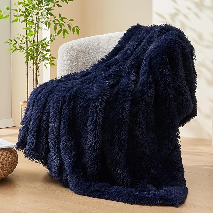 GONAAP Fuzzy Faux Fur Throw Blanket Twin Size Dark Navy Super Soft Cozy Plush Fuzzy Shaggy Blanket for Couch Sofa Bed (Dark Navy, Twin(60"x80"))-HomvellaHome