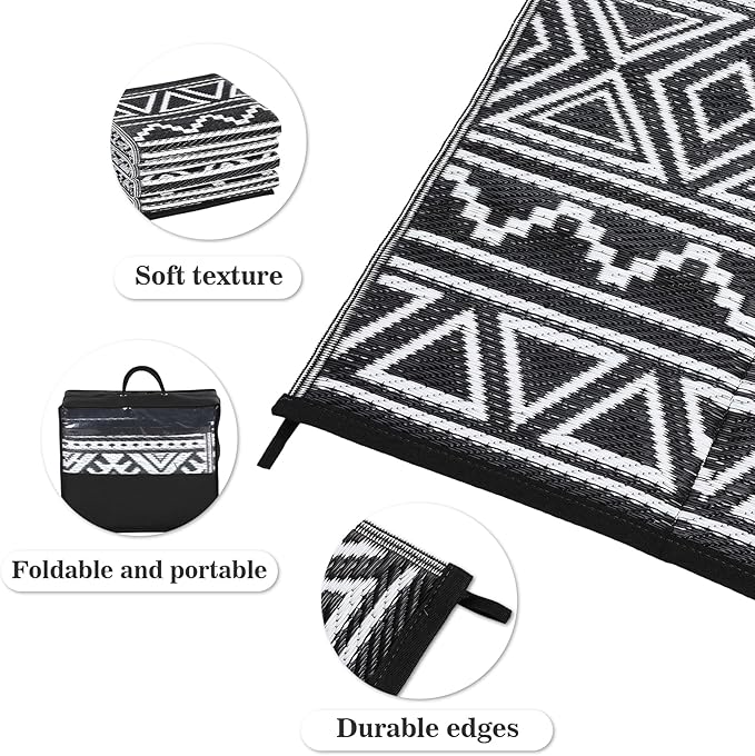 GAOMON Reversible Outdoor Rug 9'x18' Waterproof Plastic Straw Rug, Patio Rug, Large Modern Area Rug Carpet, Indoor Outdoor Rugs for Camping, Porch, Deck, Balcony, Backyard, Black/White(Bohemia)-HomvellaHome
