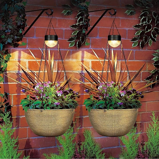 2 Packs Hanging Planters Basket for Outdoor Plants, Solar Powered Self Watering Copper Round Plastic Flower Pots with Drainer for Balcony Patio Garden Outdoor Decoration-HomvellaHome
