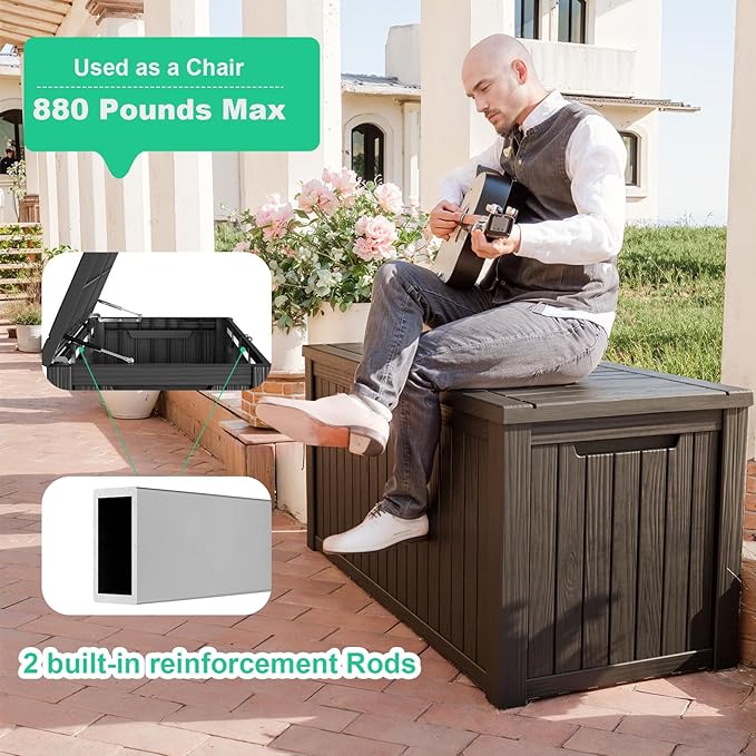 180 Gallon Outdoor Deck Box,Storage Lockable Waterproof Patio Furniture,Garden Tools,Cushions,Pool Accessories Outside Storage Resin Box(Black)-HomvellaHome