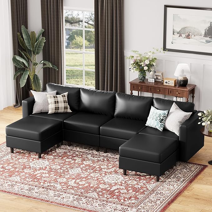 118.5" Oversized Modular Sectional Sofa, Faux Leather 6 Seater U Shaped Couch with Movable Ottoman and Storage Seat with Reversible Chaise Deep Seat for Living Room Black-HomvellaHome