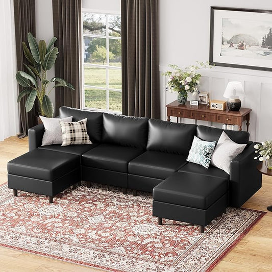 118.5" Oversized Modular Sectional Sofa, Faux Leather 6 Seater U Shaped Couch with Movable Ottoman and Storage Seat with Reversible Chaise Deep Seat for Living Room Black-HomvellaHome