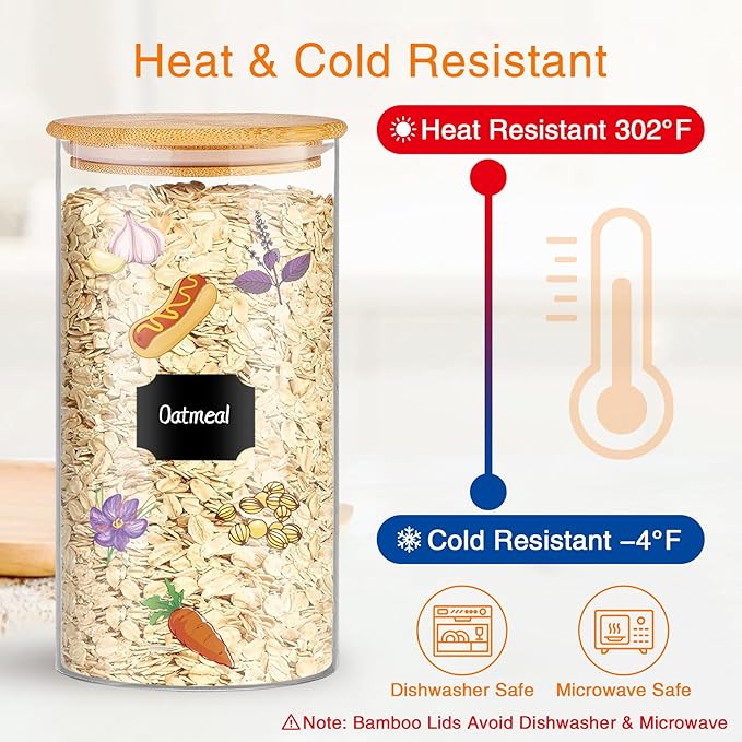 Glass Storage Jars 45 oz 4 Pcs Clear Glass Food Storage Containers with Airtight Bamboo Lid Stackable Kitchen Canisters for Candy, Cookie, Rice, Sugar, Flour, Pasta, Nuts-HomvellaHome