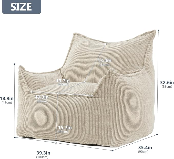 Giant Bean Bag Chair Sofa for Adults Teens, Comfy Corduroy Large Bean Bag Chairs with Armrests for Bedroom Living Room, Adult BeanBag Lazy Sofa Couch Chairs with Filler Included-HomvellaHome