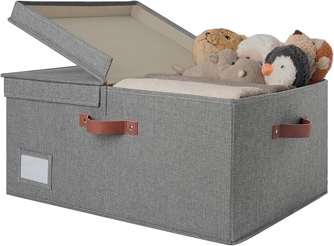 GRANNY SAYS Large Storage Bins With Lids, Decorative Boxes, Fabric Containers With Double-Open Lid and Divider, Collapsible Clothes Organizers, 63L Linen for Closet, Dark Gray-HomvellaHome