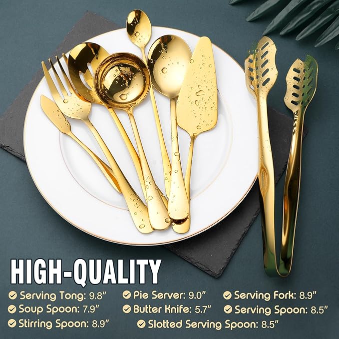 Gold Serving Utensils, OGORI 12-Piece Stainless Steel Serving Utensils Include Serving Spoons, Slotted Spoons, Serving Tongs, Serving Forks, Butter Knife, Stirring Spoon, Soup Ladle, Pie Server-HomvellaHome