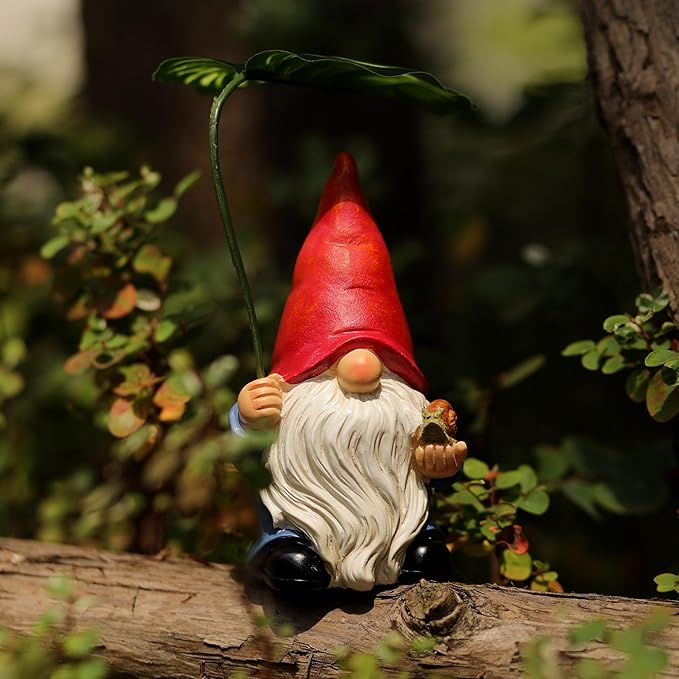 Garden Gnome Statue Decoration with Leaf Umbrella, 6.5” Figurine Ornament for Indoor Outdoor Home Patio Yard Lawn, for Gnome Lovers & Garden Enthusiasts，Mom，Women-HomvellaHome