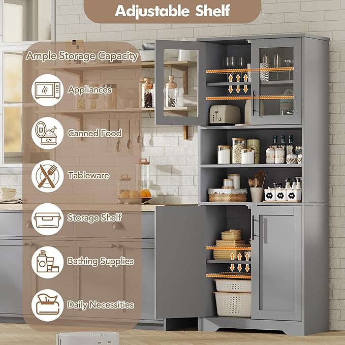 GarveeHome 67" Tall Storage Cabinet, Tall Bathroom Cabinet with Glass Doors and Adjustable Shelves, Freestanding Kitchen Pantry Cabinets, Cupboard for Living Room, Dining Room, Gray-HomvellaHome