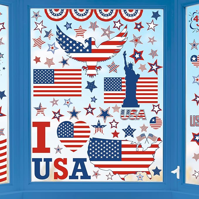 158 Pcs 4th of July Window Clings, 9 Sheets Patriotic Window Clings Decals, Watercolor Double-Sided American Flag Stars Firework Window Stickers for Independence Day Parade Veterans Memorial Day Decor-HomvellaHome