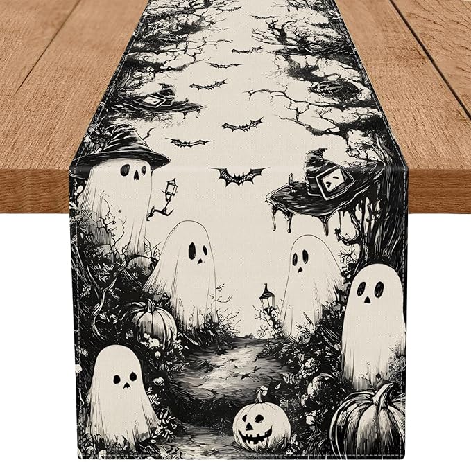 GPGHE Halloween Table Runner Black Ghost Holiday Burlap Table Decoration Indoor Outdoor Home Decor Party Supply 13 x 60 Inch-HomvellaHome
