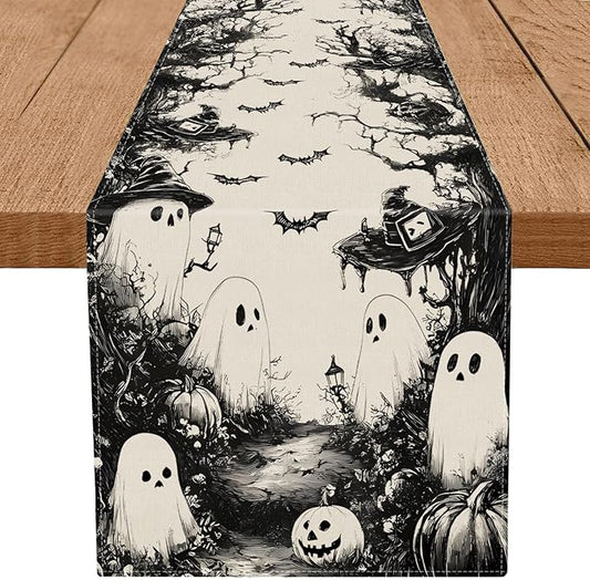 GPGHE Halloween Table Runner Black Ghost Holiday Burlap Table Decoration Indoor Outdoor Home Decor Party Supply 13 x 60 Inch-HomvellaHome