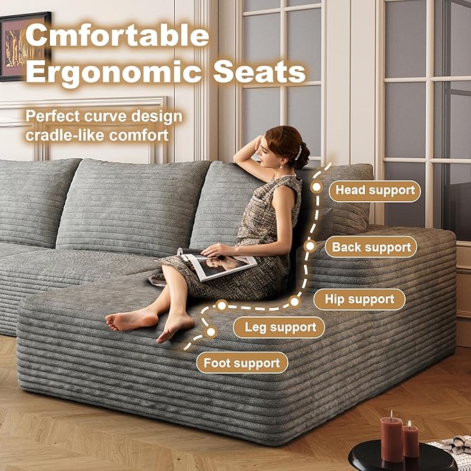 136" Sectional Couches for Living Room Modern Modular Sofa with L-Shape Couchs Upholstered Boneless Couch Deep Seat Sectional Couch with Chaise (Grey, Right Facing Chaise+3Seaters)-HomvellaHome