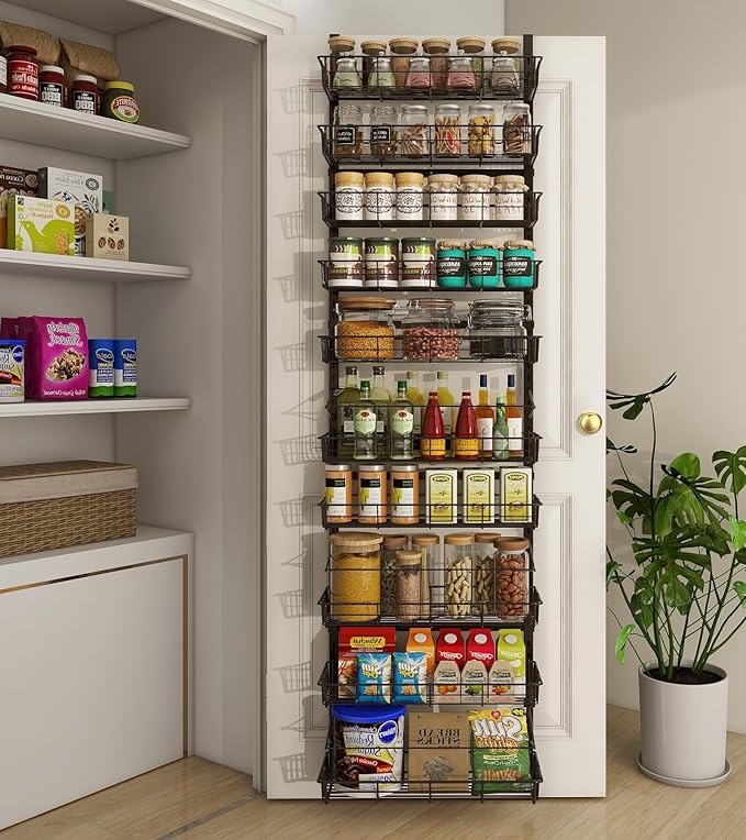 10-Tier Over The Door Pantry Organizer, Pantry Organization and Storage, Black Metal Hanging Adjustable Basket, Wall Spice Rack Seasoning Shelves, Home & Kitchen Essentials-HomvellaHome
