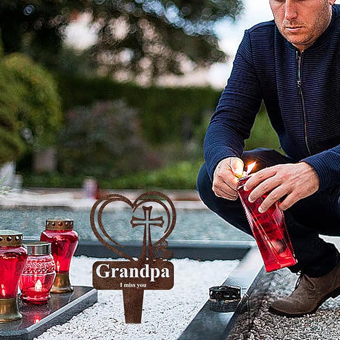 Grandpa Memorial Grave Stake, Cemetery Decorations for Grave Markers 12.5 x 7.2 inch Heart Metal Sympathy Stakes Graveside Plaque Decor Sign for Grandpa Graves, Yard, Garden - Rust-Grandpa-HomvellaHome