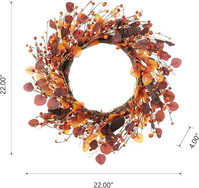 Glitzhome 22" D Fall Eucalyptus Berry Wreath, Artificial Wreaths Rustic Hanging Ornaments for Fall Front Door Wall Decor-HomvellaHome